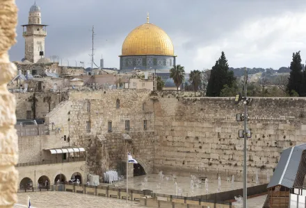 The Dome of the Rock Mosque in the Al Aqsa Mosque compound, and the Western Wall, the holiest site where Jews can pray, are seen in Jerusalem's Old City; Friday, April 10, 2020; (AP Photo/Sebastian Scheiner)