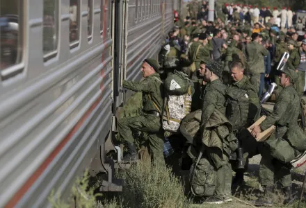 Russian recruits take a train at a railway station in Prudboi, in Russia’s Volgograd region, Thursday, Sept. 29, 2022. President Vladimir Putin announced a partial mobilization, the first since World War II, amid the war in Ukraine. (AP Photo, File)