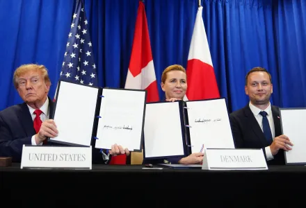 President Donald Trump signs a security agreement with Denmark's Prime Minister Mette Frederiksen and Greenland's Prime Minister Jens-Frederik Nielsen during the United Nations General Assembly, Tuesday, Sept. 22, 2026, at the UN headquarters. 