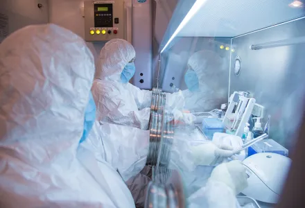 This undated photo released in 2019 by the Irkutsk Anti-Plague Research Institute of Siberia and Far East, shows the institute workers in a lab. (The Irkutsk Anti-Plague Research Institute of Siberia and Far East via AP) ADDITION: adding photo was released in 2019