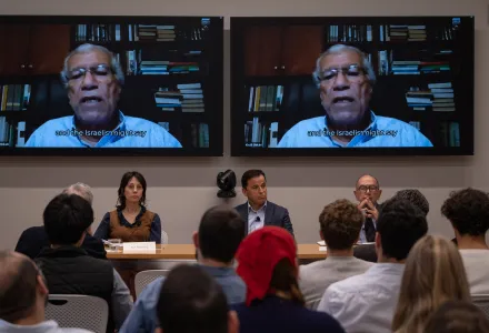 panelists watch pre-recorded video remarks from Khalil Shikaki