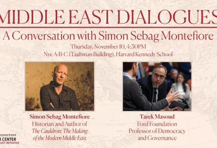 event promotional image featuring Simon Sebag Montefiore and Tarek Masoud