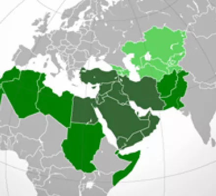 The dark green represents the traditional definition of the Middle East, while the medium green represents the Greater Middle East; the light green represents Central Asia (sometimes associated with the Greater Middle East)