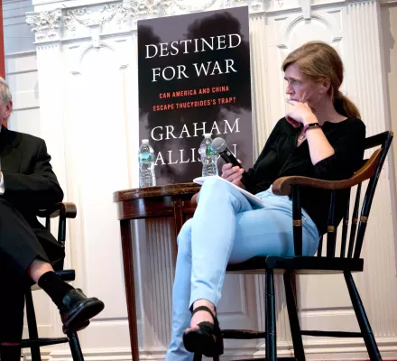 Graham Allison, joined by Samantha Power, speaks at a launch event for his book "Destined for War."