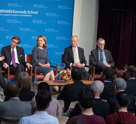 Nicholas Burns, Faculty Chair of the Center’s new Project on Europe and the Transatlantic Relationship, introduces European diplomats and experts in a JFK Jr. Forum in May on Navigating the Crisis in International Relations. Participants (from left): Burns, Germany’s Amb. Peter Wittig, CSIS Director of Transatlantic Security Julianne Smith, Spain’s Amb. Pedro Morenés, and EU Amb. David O’Sullivan.