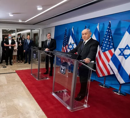 Israeli Prime Minister Benjamin Netanyahu, right, speaks during a joint statement with U.S. Secretary of State Antony Blinken 