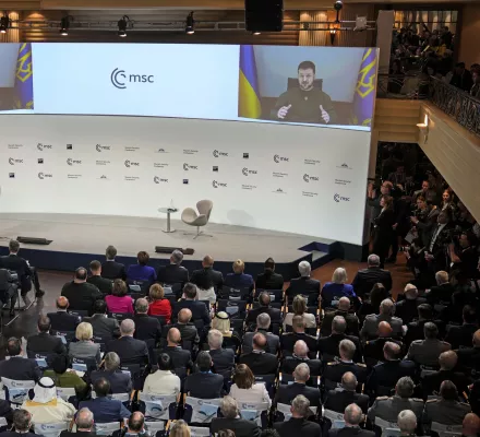 Ukraine President Volodymyr Zelenskyy speaks via video link.