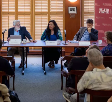 Raina Theile, John Holdren, Jackie Qataliña Schaeffer, and David Balton on a panel.