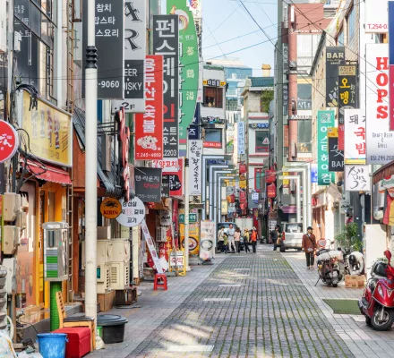 Morning view of signboards on deserted street. South Korea