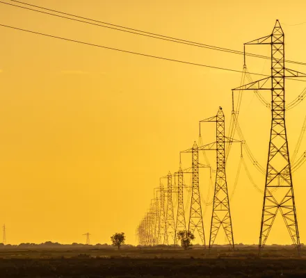 Transmission lines at sunset.
