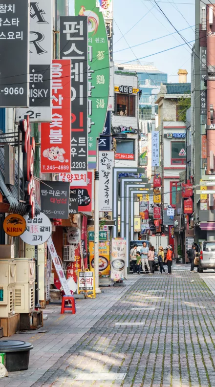 Morning view of signboards on deserted street. South Korea