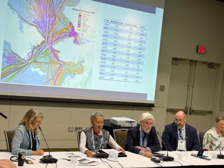 Margaret Williams, Vera Kingeekuk Metcalf, John Holdren, Steve White, and Abby Tingstad at a panel on the Bering Strait at Arctic Encounter Summit 2025.