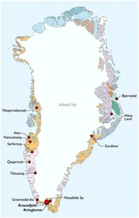 A map that shows known rare earth element deposits in Greenland.