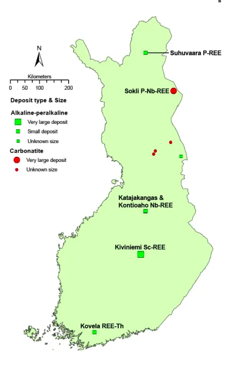 A map that shows known rare earth element deposits and projects in Finland.