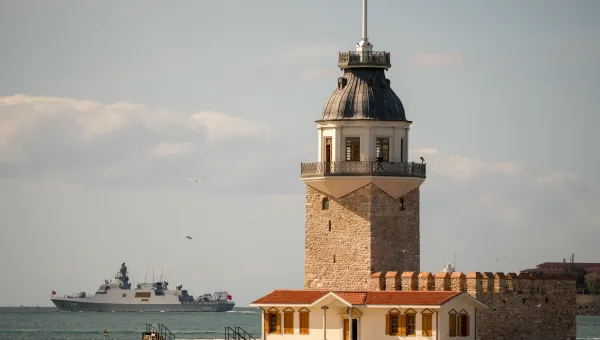 TCG Kinaliada corvette sails during a naval parade on the Bosphorus marking the 487th anniversary of the Preveza naval battle and celebrating the Turkish Naval Forces day, in Istanbul, Turkey, Saturday, Sept. 27, 2025. (AP Photo/Emrah Gurel)