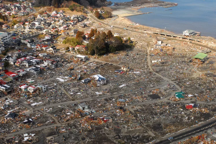 An aerial view of damage to Sukuiso, Japan, on March 18, 2011, a week after a 9.0 magnitude earthquake and subsequent tsunami devastated the area.