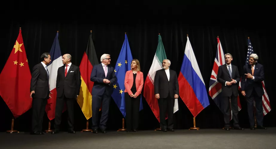 Foreign ministers/secretaries of state Wang Yi (China), Laurent Fabius (France), Frank-Walter Steinmeier (Germany), Federica Mogherini (EU), Mohammad Javad Zarif (Iran), Philip Hammond (UK), John Kerry (USA) in Vienna in 2015.