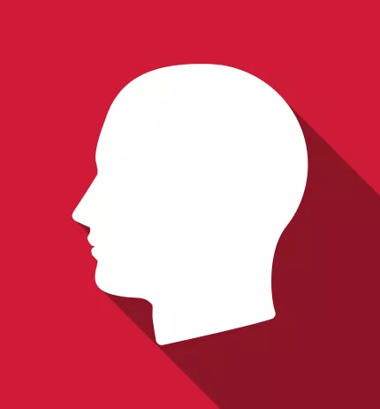 A white silhouette of a head on a crimson background.