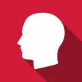 A white silhouette of a head on a crimson background.